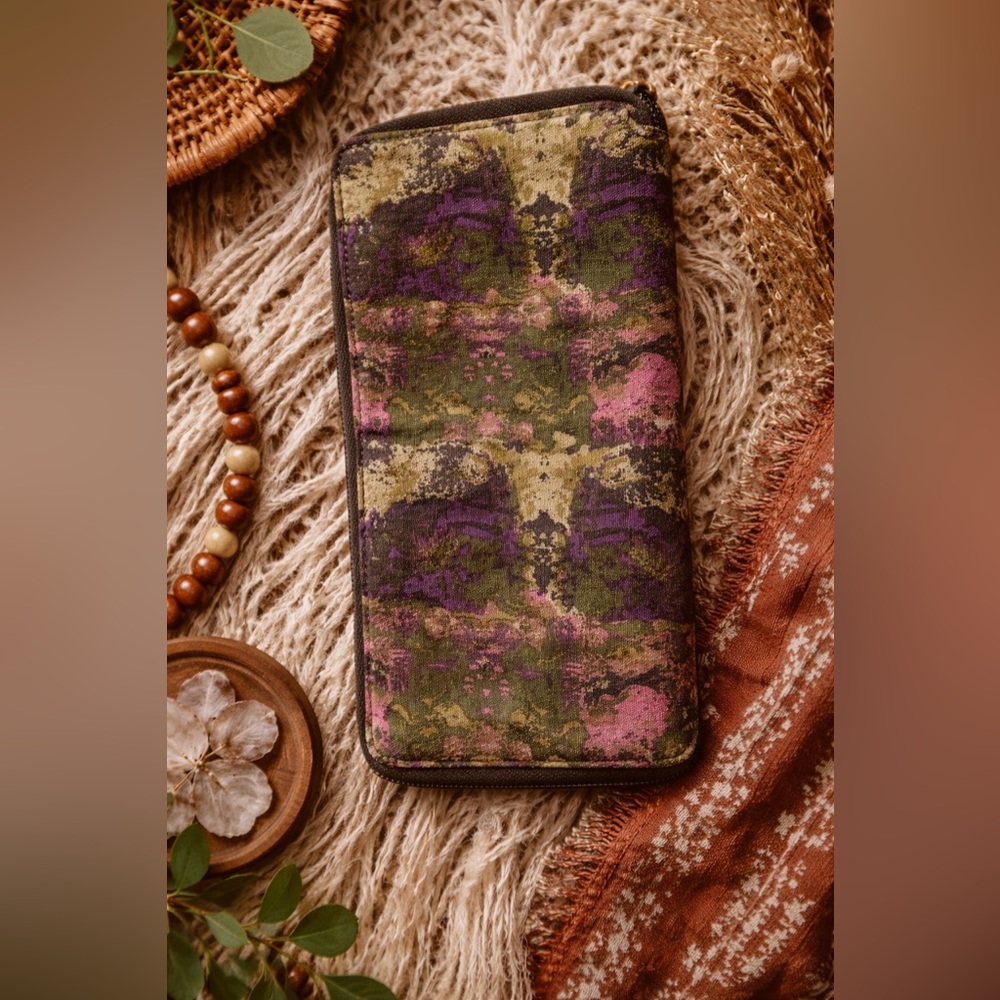 Boho Floral Zip Around Wallet Olive Purple Pink
